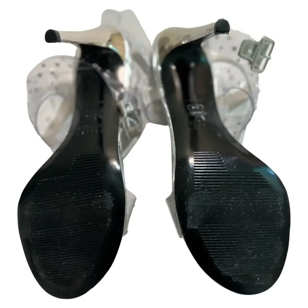 Stuart Weitzman Clear Silver Crystal Embellishments T-Strap Sandal Heels size 7 - Picture 5 of 11